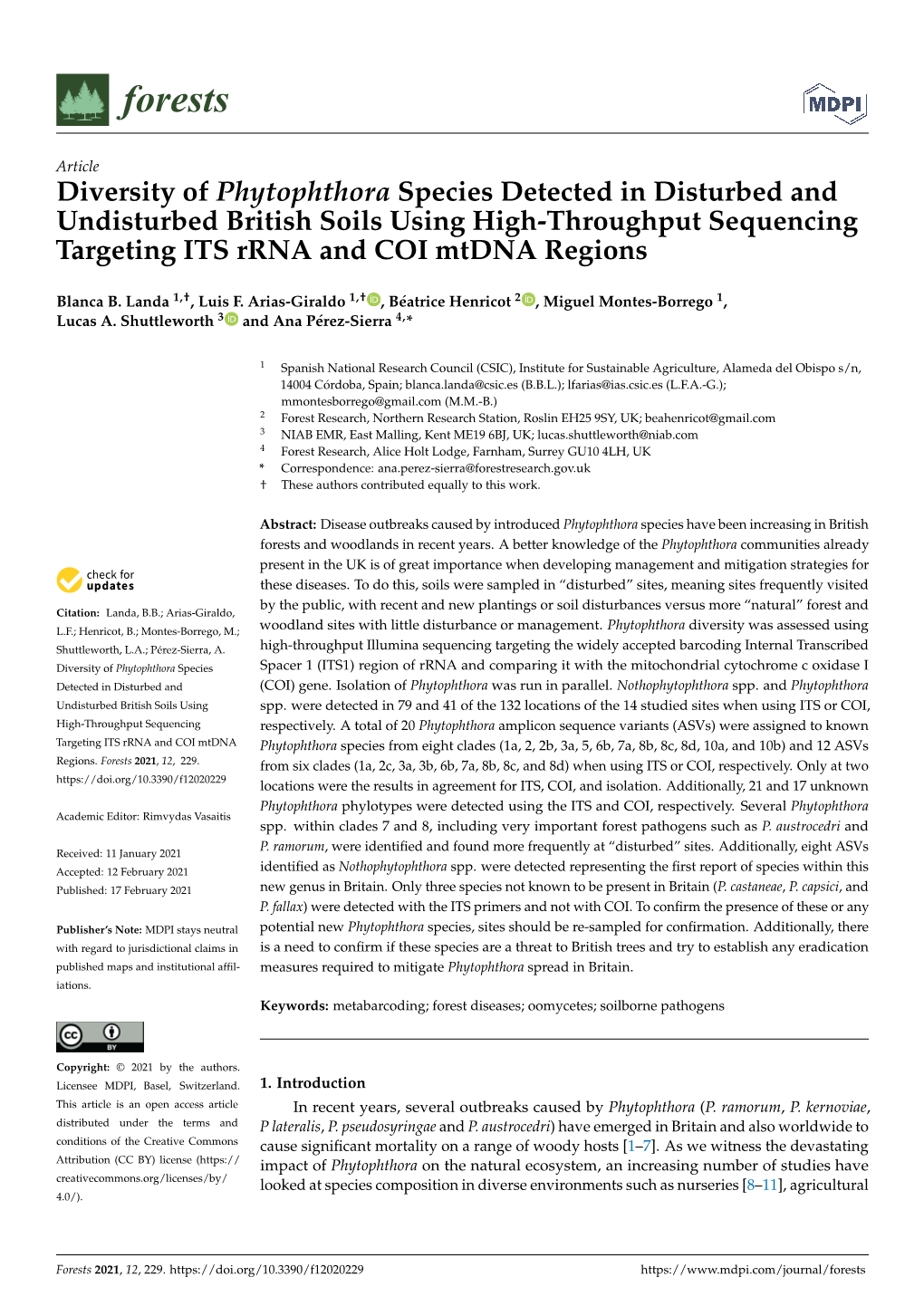 Diversity of Phytophthora Species Detected in Disturbed and Undisturbed British Soils Using High-Throughput Sequencing Targeting ITS Rrna and COI Mtdna Regions