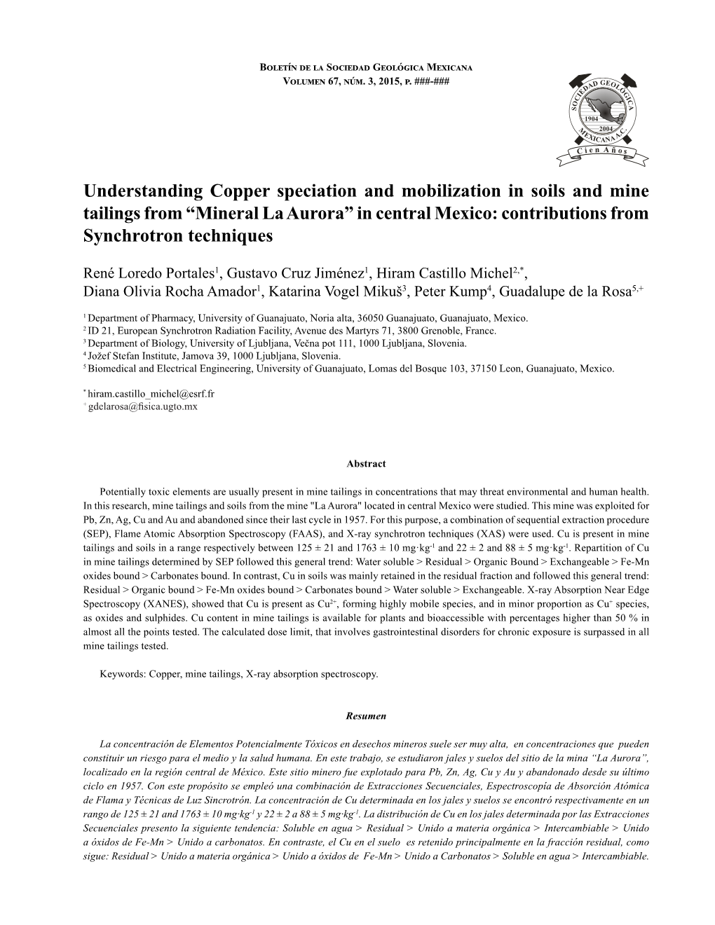 Understanding Copper Speciation and Mobilization in Soils and Mine Tailings from “Mineral La Aurora” in Central Mexico: Contributions from Synchrotron Techniques