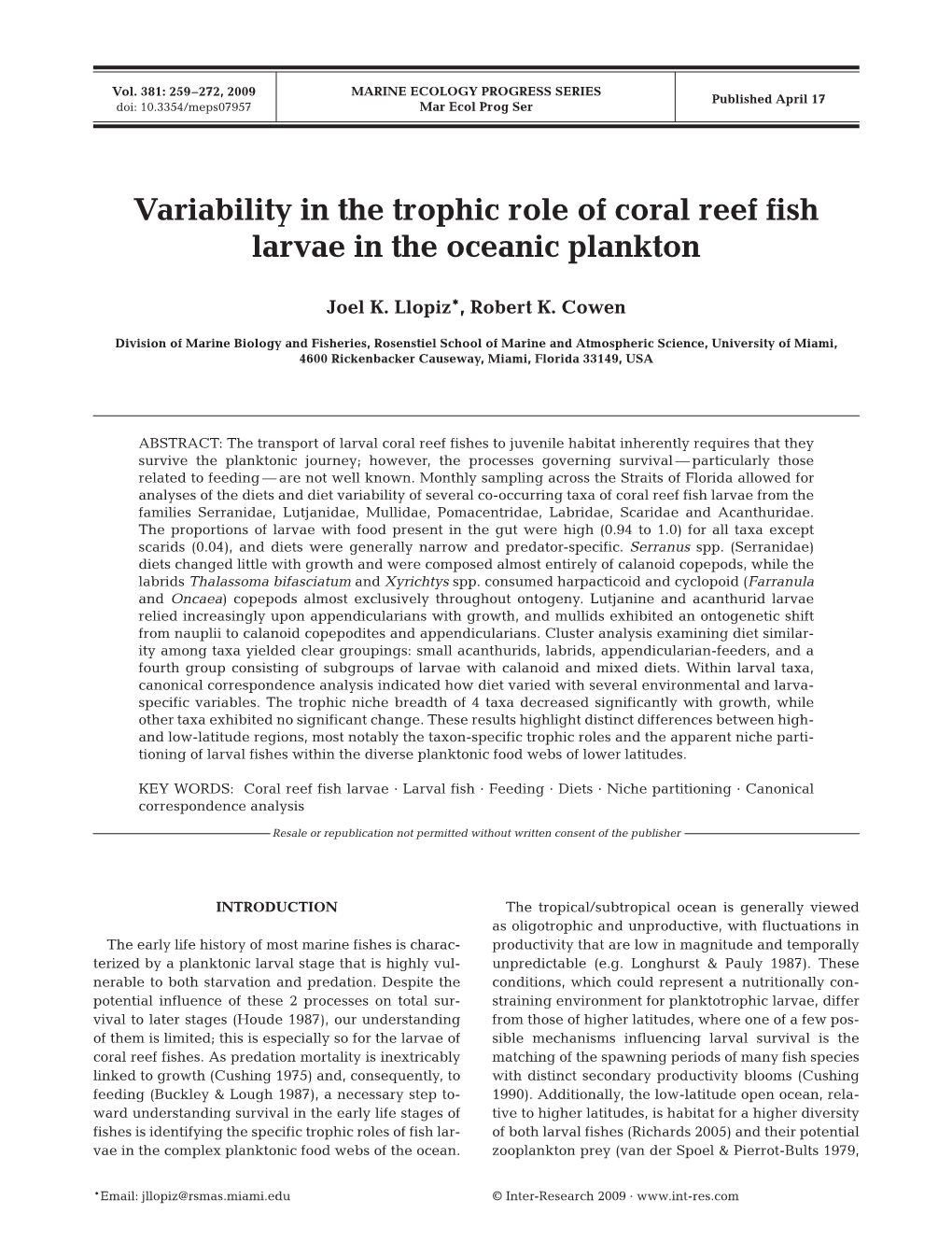 Variability in the Trophic Role of Coral Reef Fish Larvae in the Oceanic Plankton