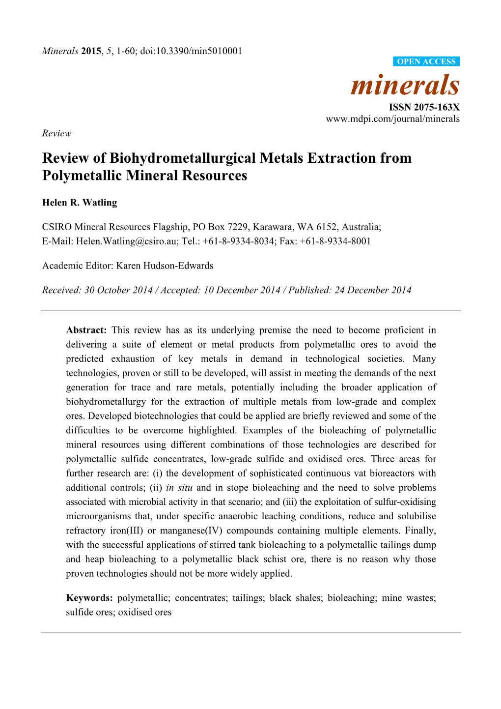 Review of Biohydrometallurgical Metals Extraction from Polymetallic Mineral Resources