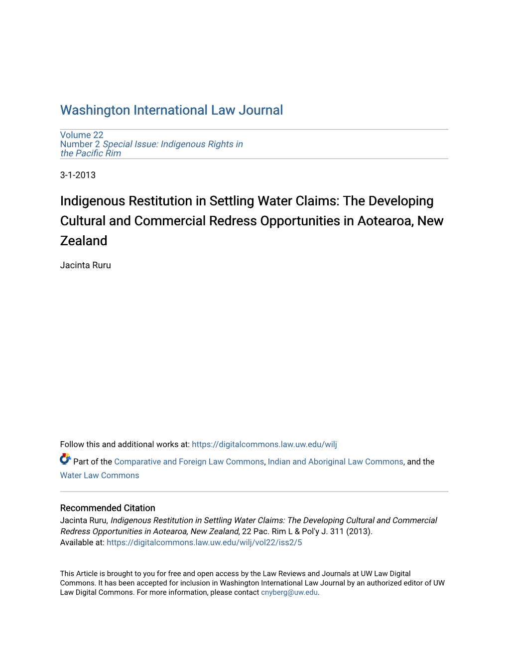 Indigenous Restitution in Settling Water Claims: the Developing Cultural and Commercial Redress Opportunities in Aotearoa, New Zealand