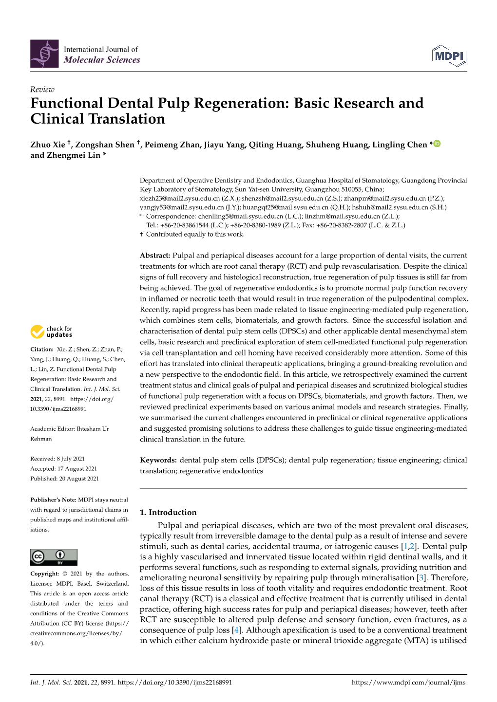 Functional Dental Pulp Regeneration: Basic Research and Clinical Translation