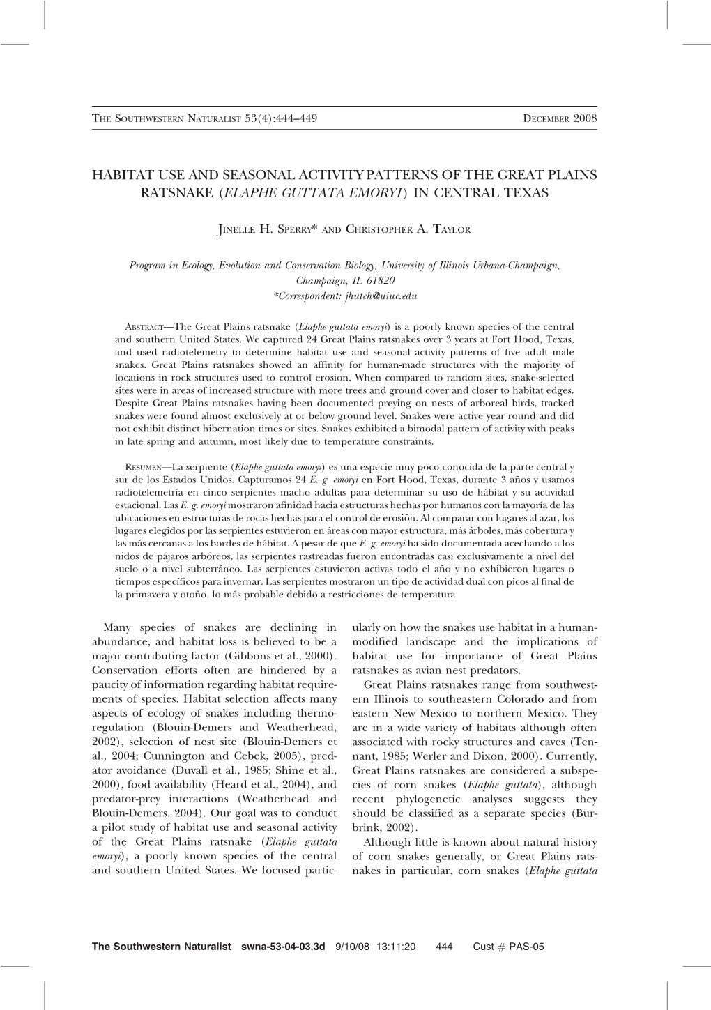 Habitat Use and Seasonal Activity Patterns of the Great Plains Ratsnake (Elaphe Guttata Emoryi) in Central Texas