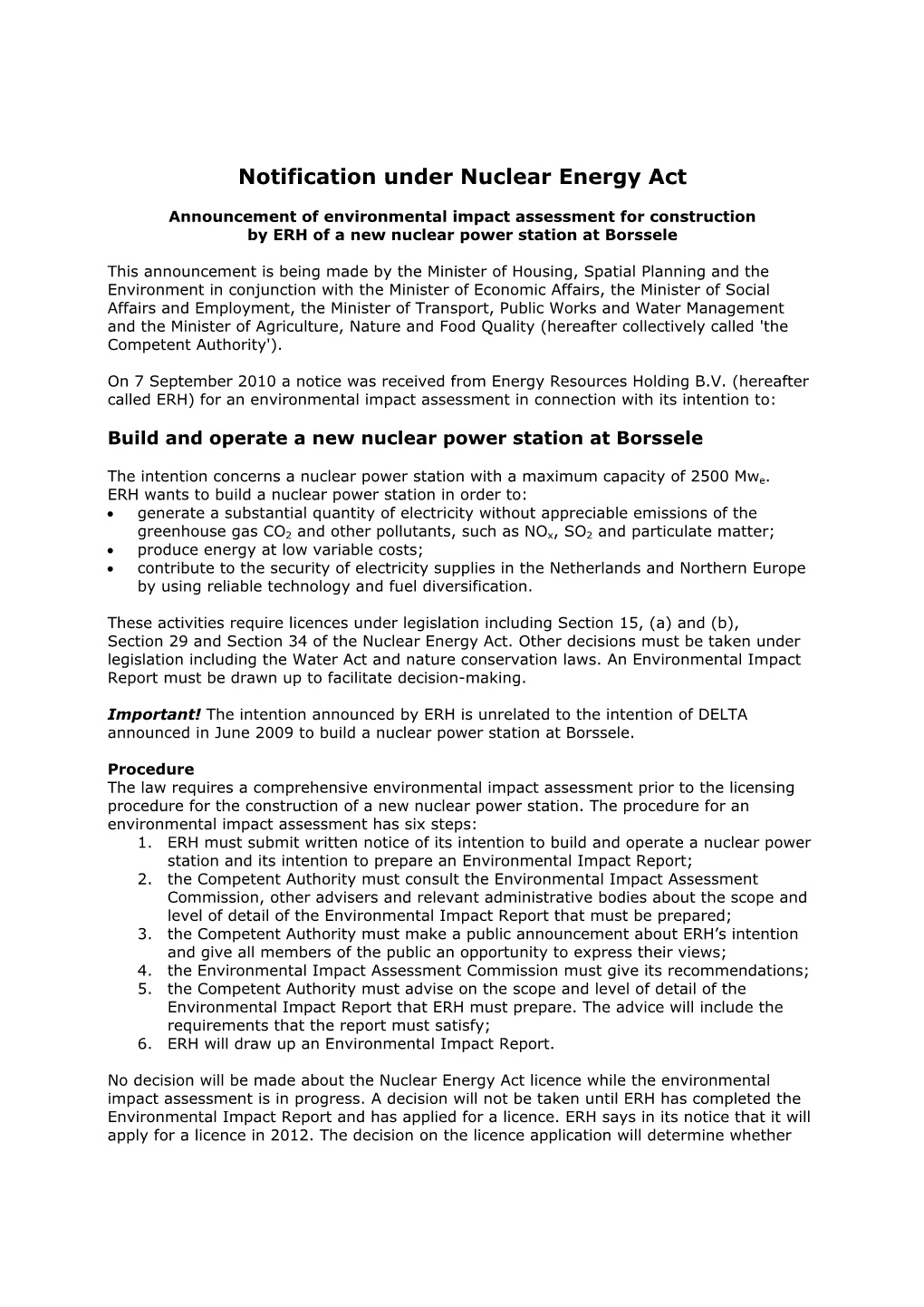 Notification Under Nuclear Energy Act