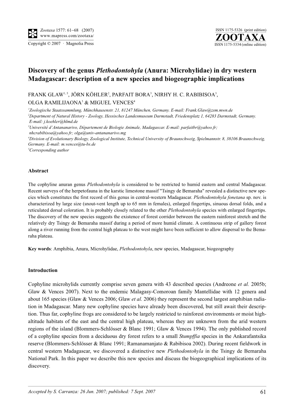 Zootaxa,Discovery of the Genus Plethodontohyla