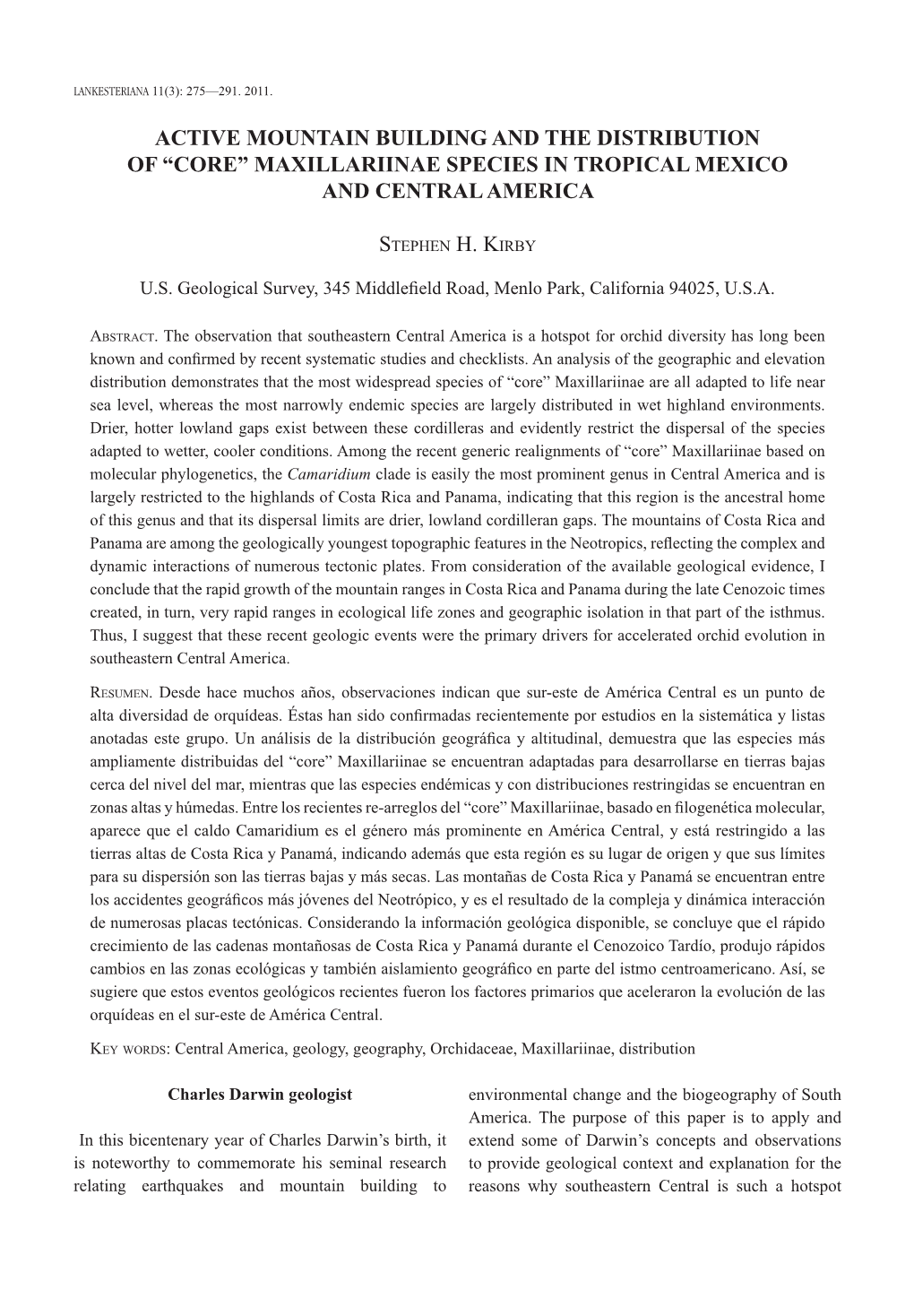 Active Mountain Building and the Distribution of “Core” Maxillariinae Species in Tropical Mexico and Central America