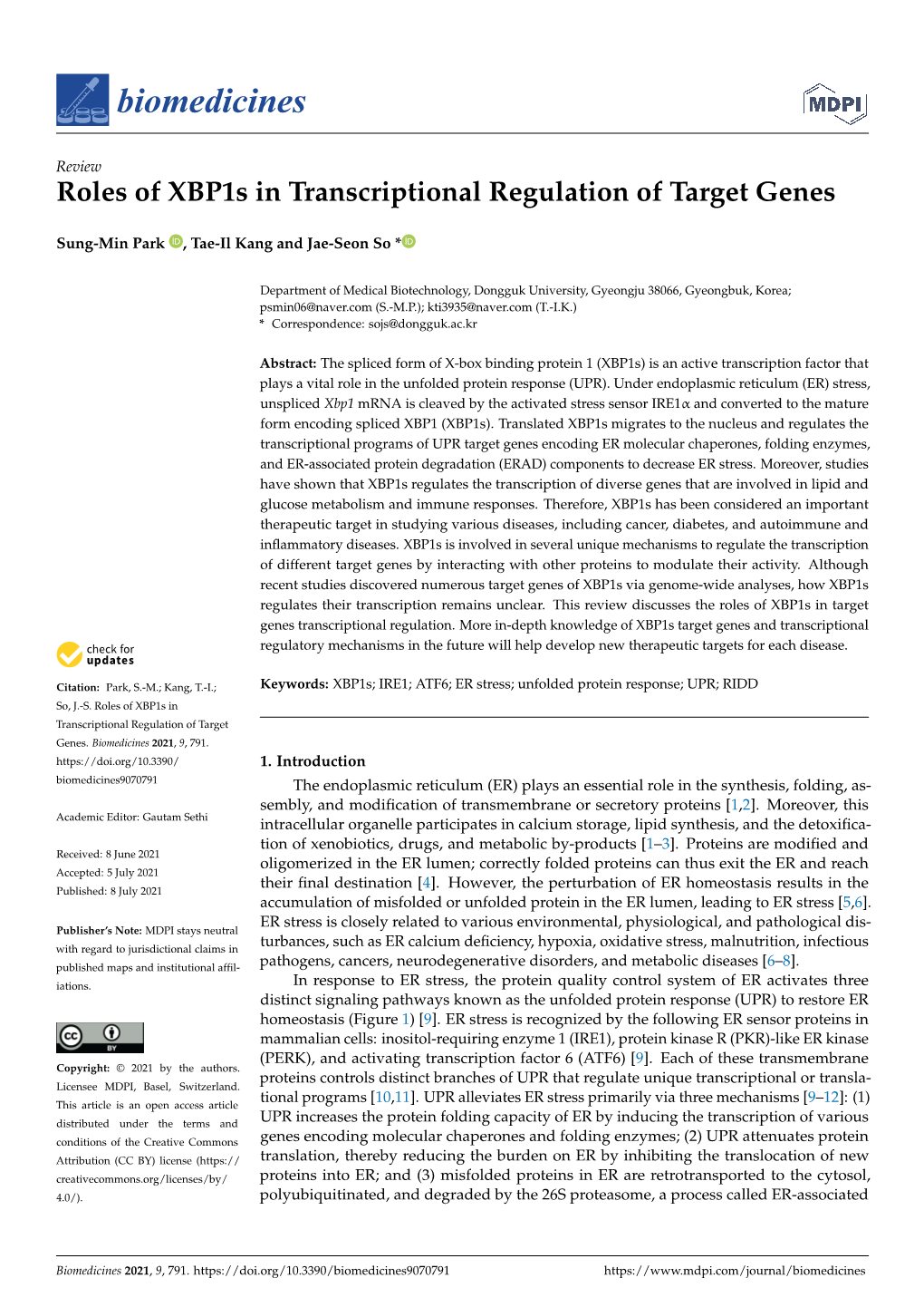 Roles of Xbp1s in Transcriptional Regulation of Target Genes
