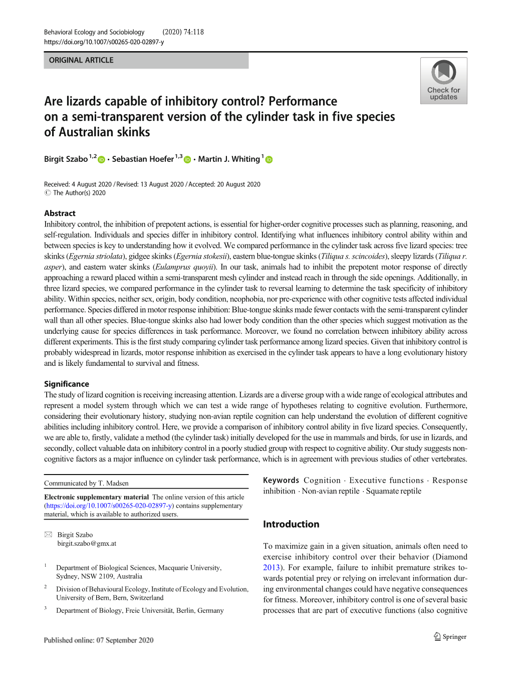 Are Lizards Capable of Inhibitory Control? Performance on a Semi-Transparent Version of the Cylinder Task in Five Species of Australian Skinks