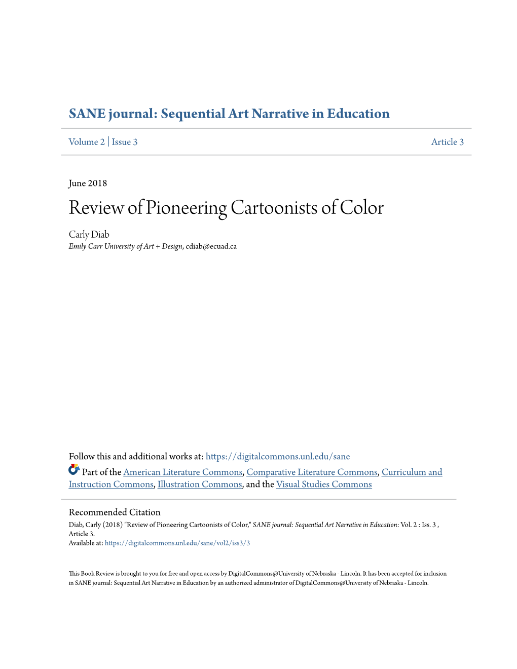 Review of Pioneering Cartoonists of Color Carly Diab Emily Carr University of Art + Design, Cdiab@Ecuad.Ca