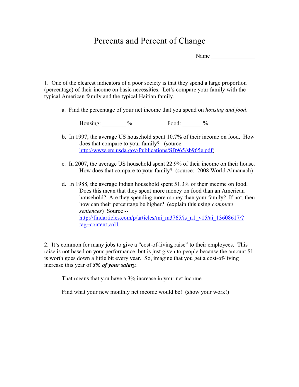 Family Worksheet for Pre-Algebra 7 and Pre-Algebra I