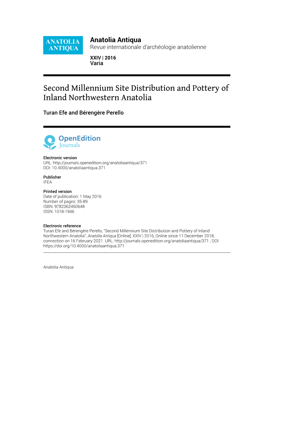 Second Millennium Site Distribution and Pottery of Inland Northwestern Anatolia