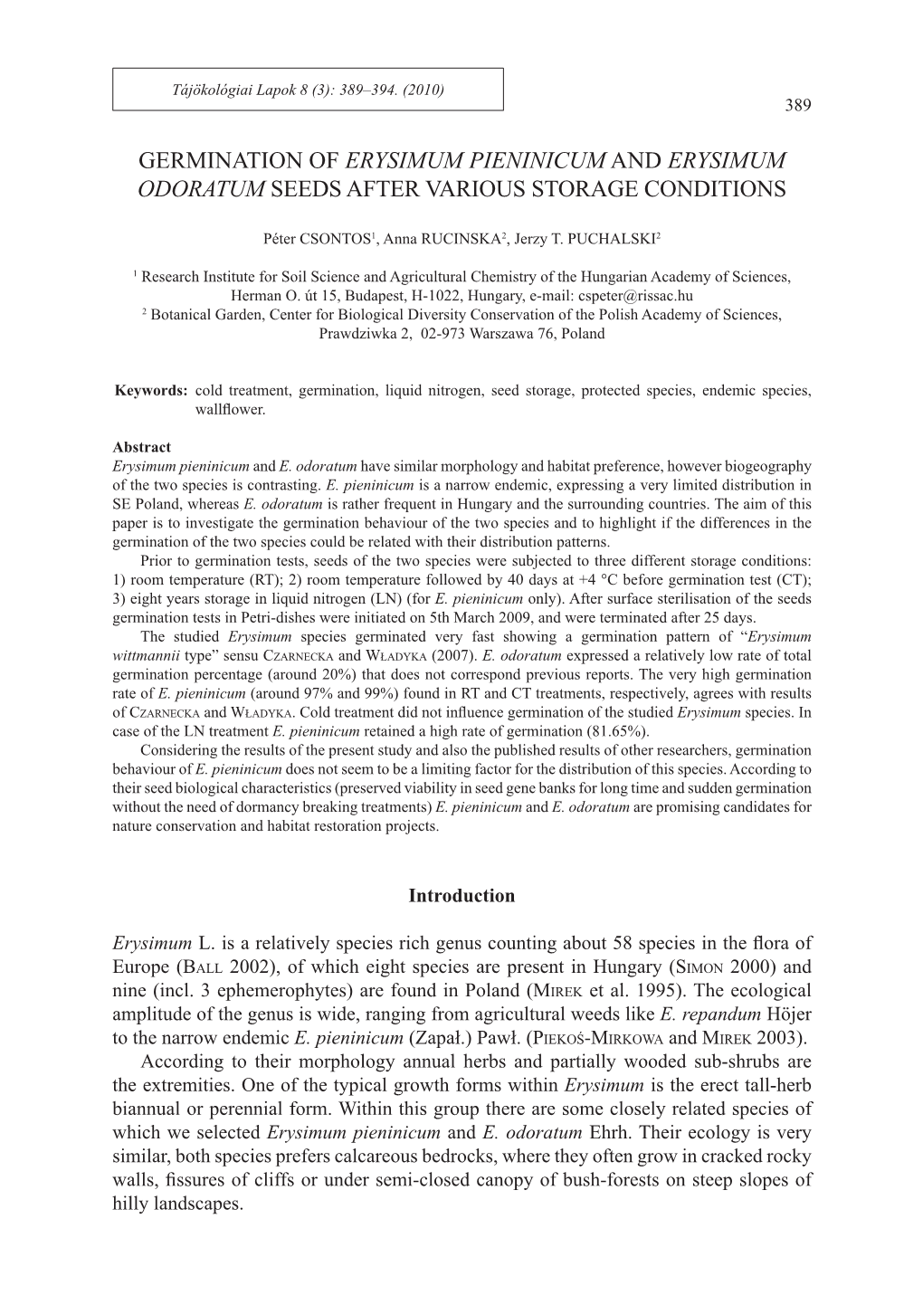 Germination of Erysimum Pieninicum and Erysimum Odoratum Seeds After Various Storage Conditions