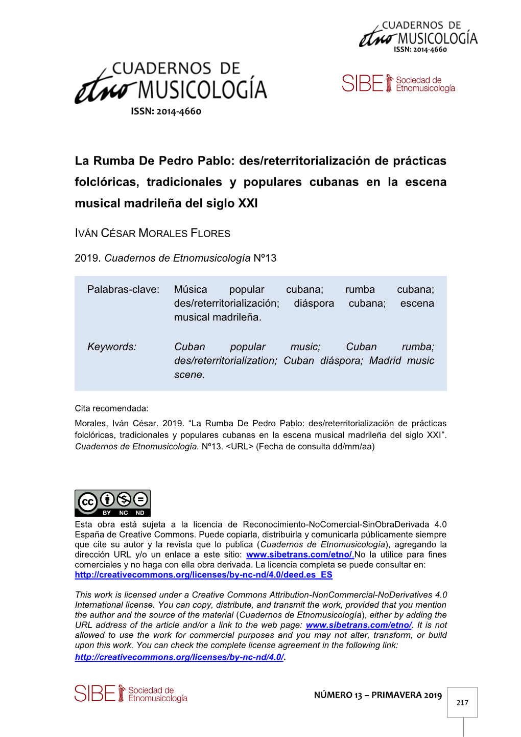 La Rumba De Pedro Pablo: Des/Reterritorialización De Prácticas Folclóricas, Tradicionales Y Populares Cubanas En La Escena Musical Madrileña Del Siglo XXI