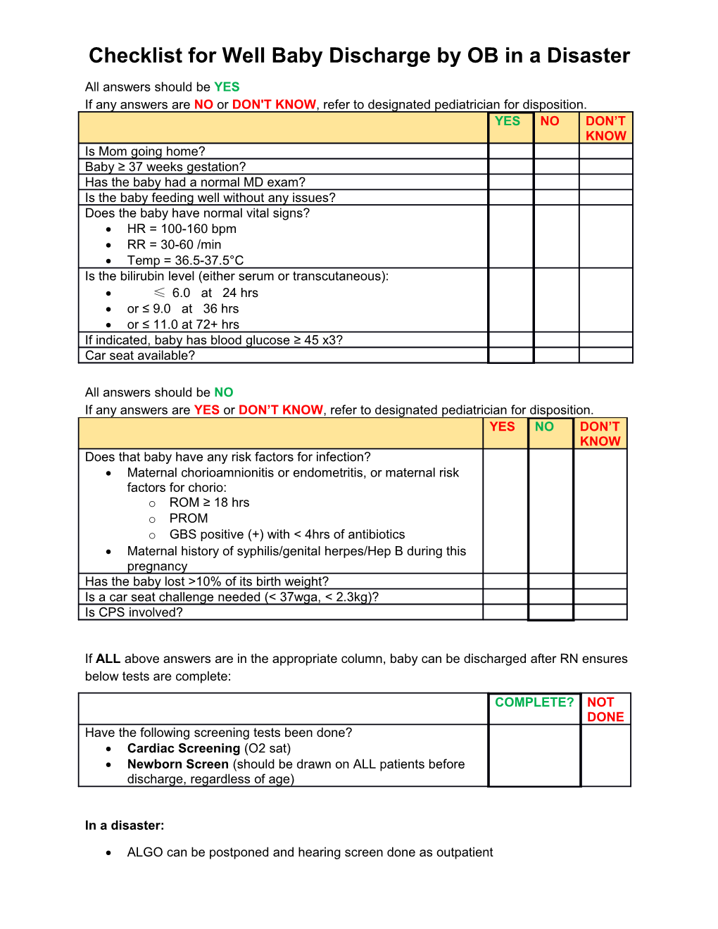 Checklist for Well Baby Discharge by OB in a Disaster