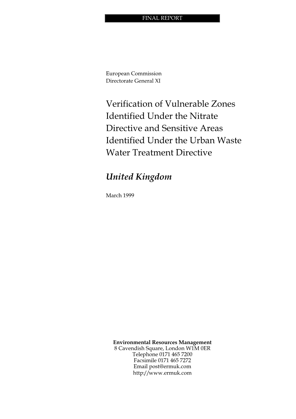 Verification of Vulnerable Zones Identified Under the Nitrate Directive \ and Sensitive Areas Identified Under the Urban Waste W