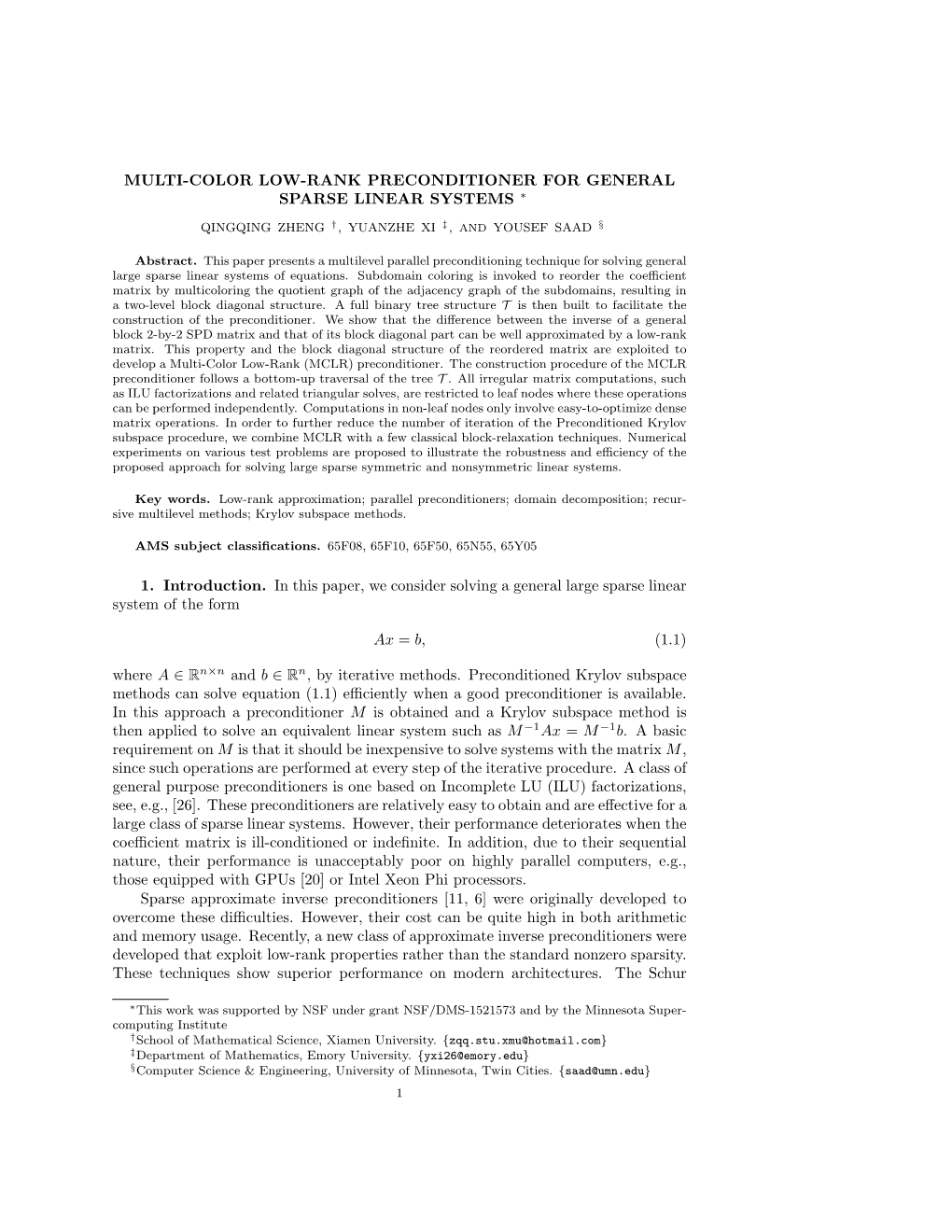 Multi-Color Low-Rank Preconditioner for General Sparse Linear Systems ∗