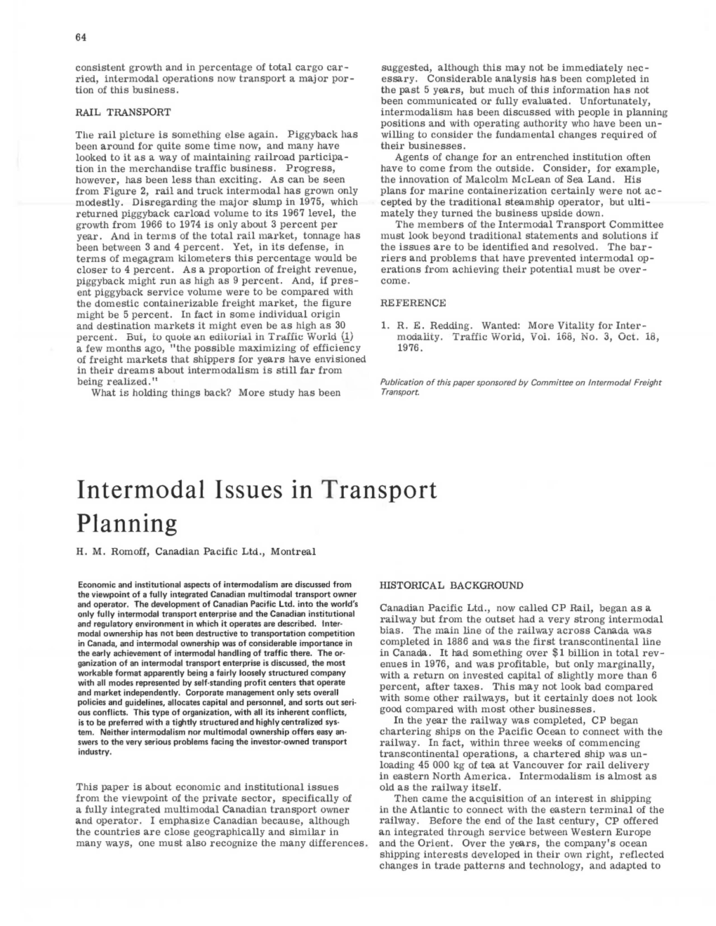 Intermodal Issues in Transport Planning H