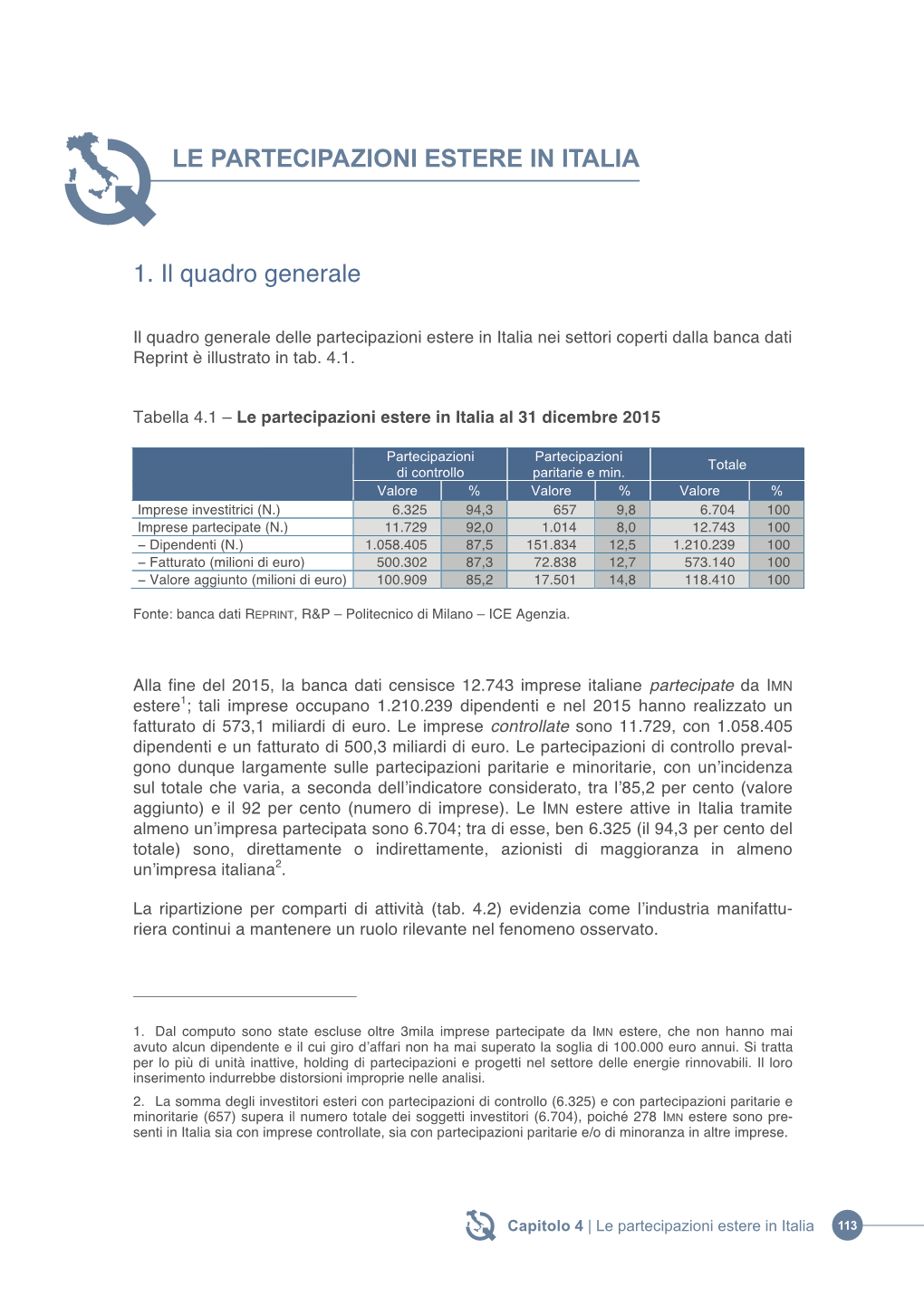 Le Partecipazioni Estere in Italia Nei Settori Coperti Dalla Banca Dati Reprint È Illustrato in Tab