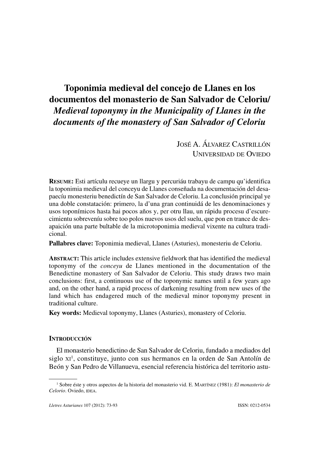 Toponimia Medieval Del Concejo De Llanes En