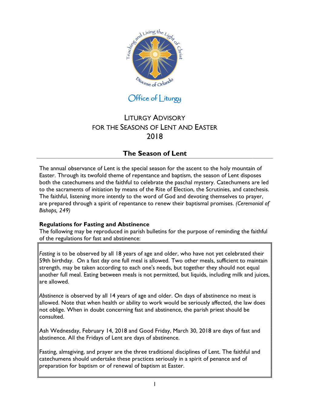 Liturgy Advisory Lent Easter 2018