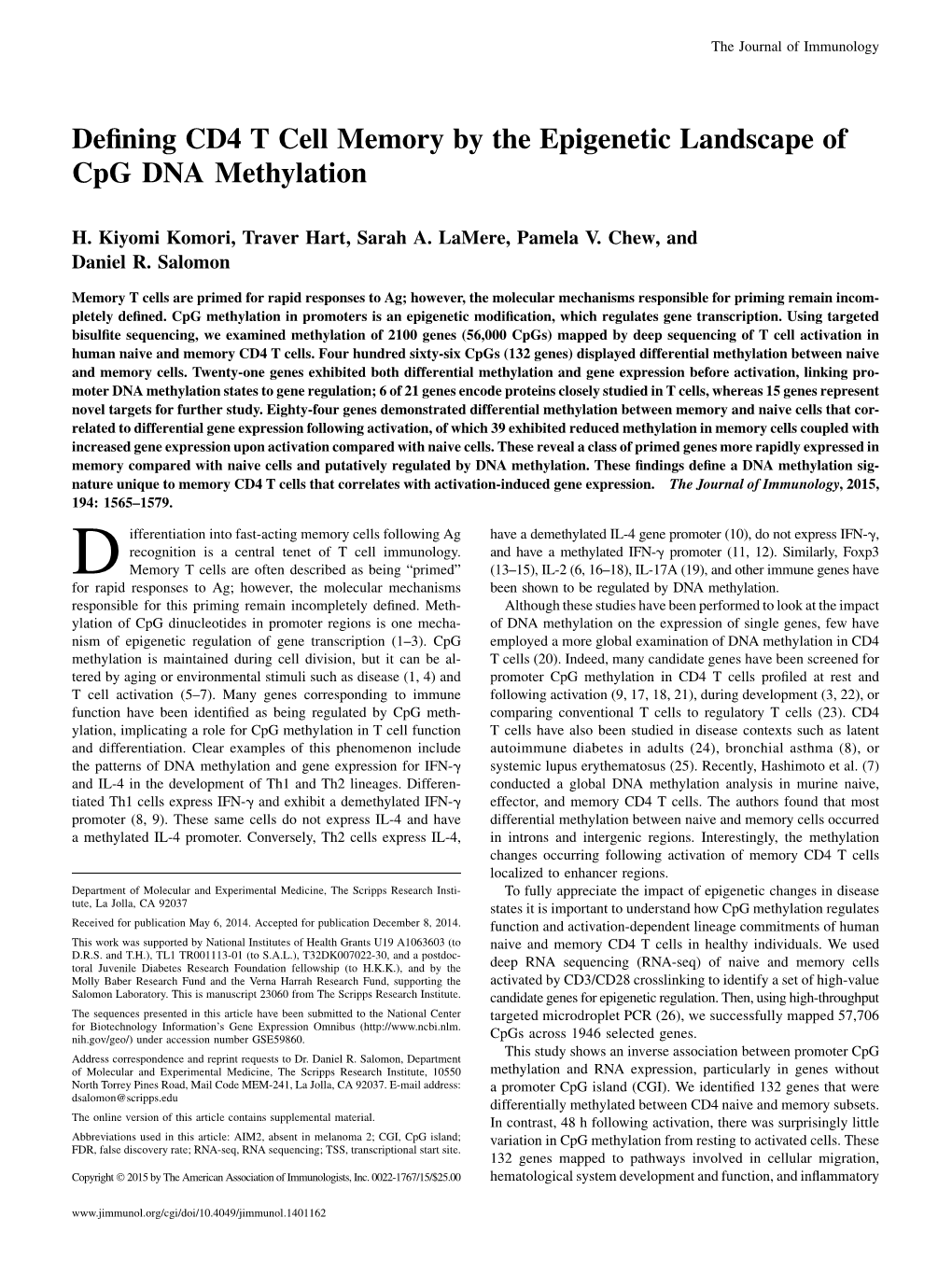 Methylation Epigenetic Landscape of Cpg DNA Defining CD4 T Cell Memory By