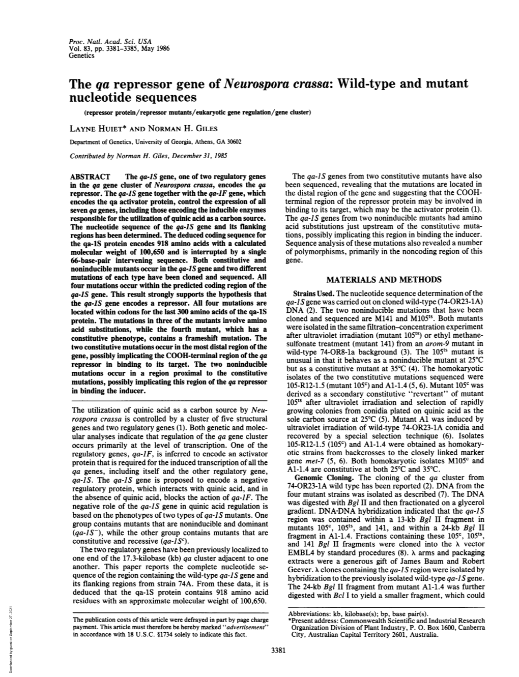 The Qa Repressor Gene of Neurospora Crassa: Wild-Type and Mutant Nucleotide Sequences