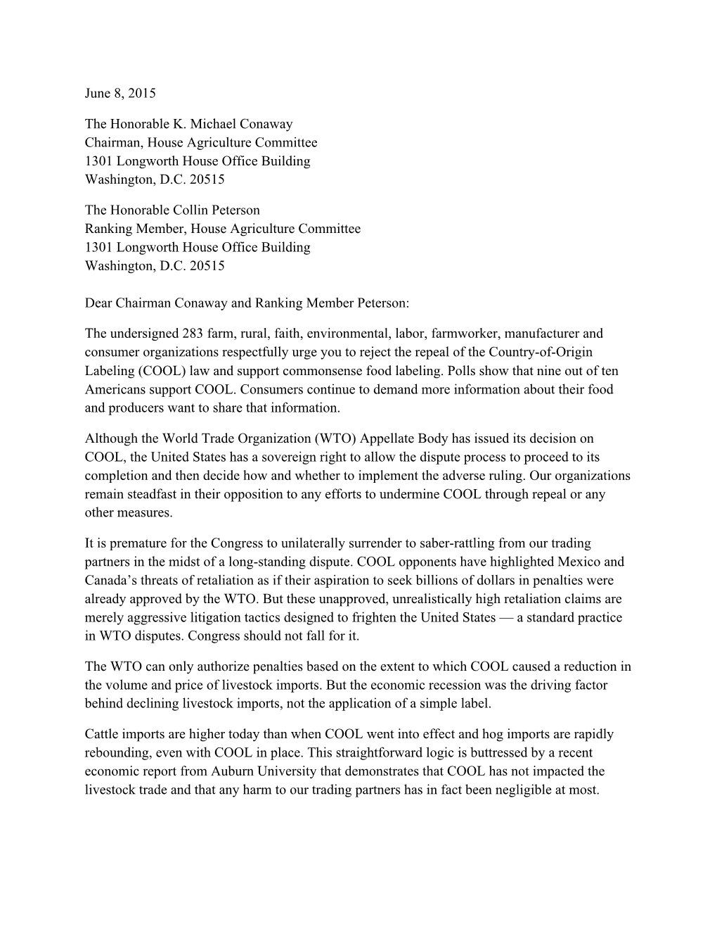 Coalition Letter Opposing COOL Repeal