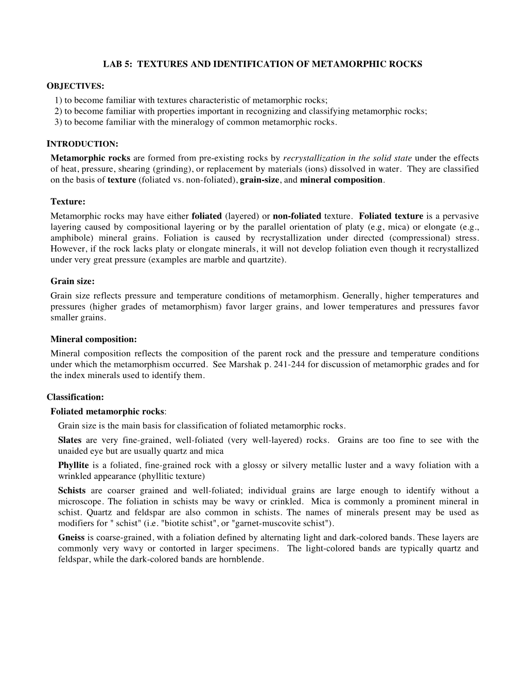 Lab 5: Textures and Identification of Metamorphic Rocks