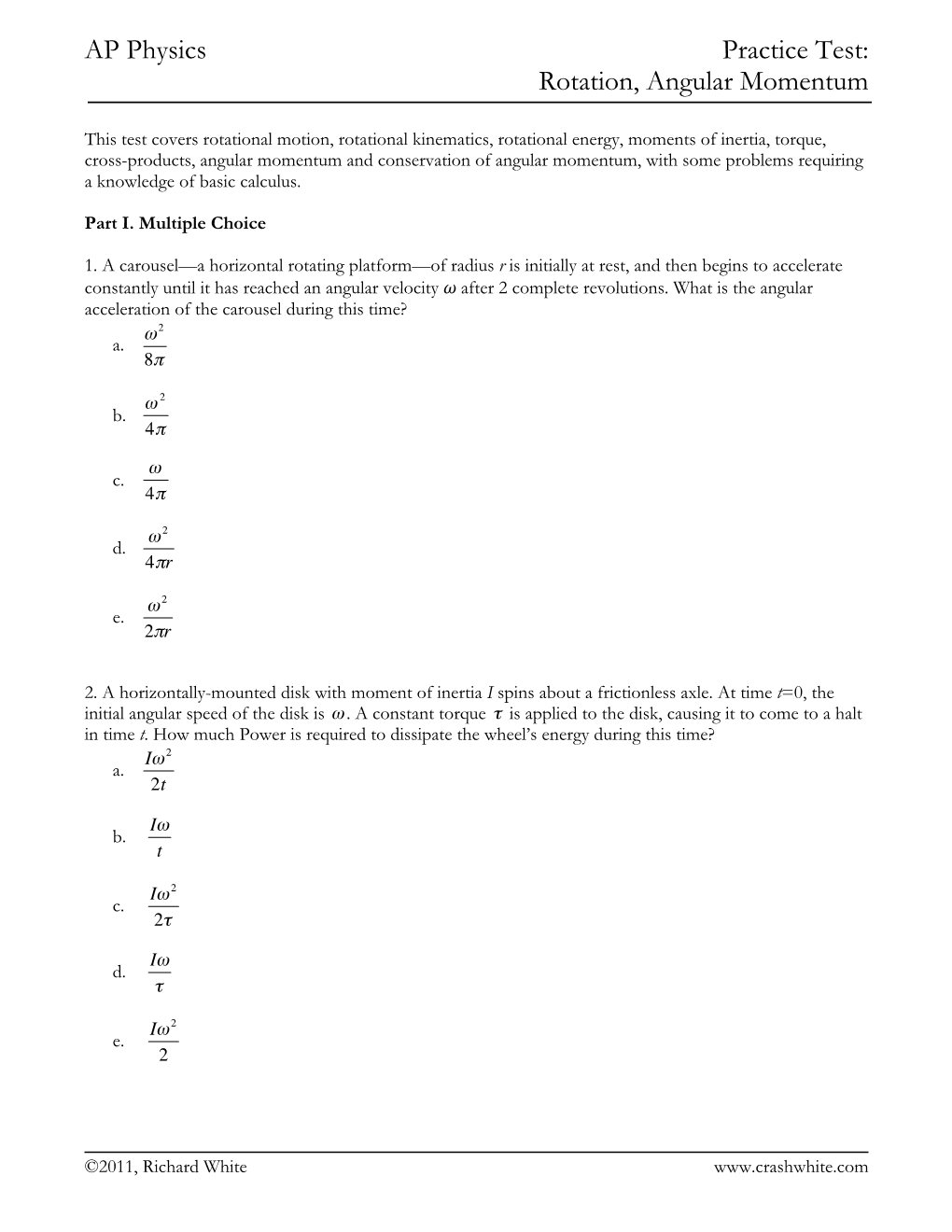 AP Physics Practice Test: Rotation, Angular Momentum