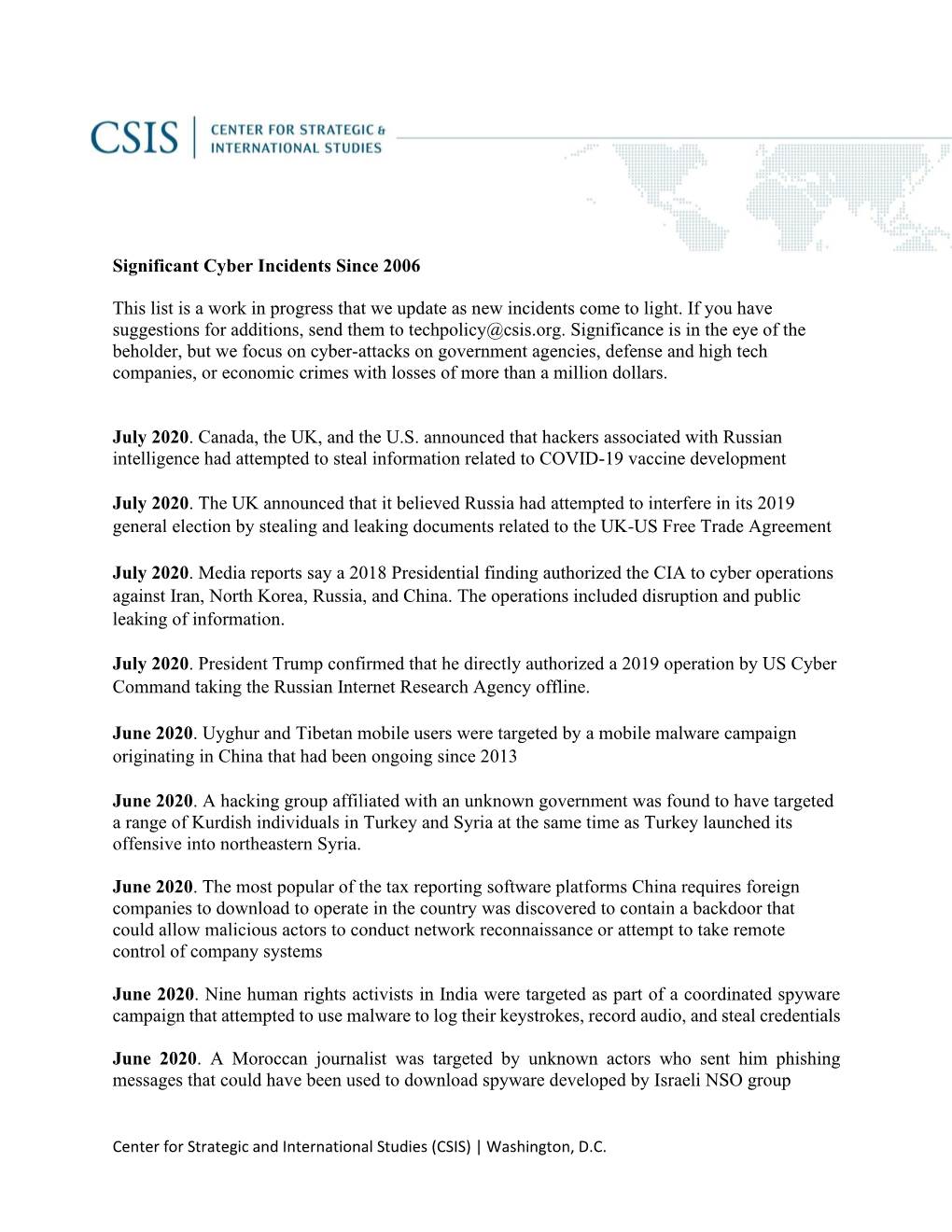 Significant Cyber Incidents Since 2006 This List Is a Work in Progress That We Update As New Incidents Come to Light. If You