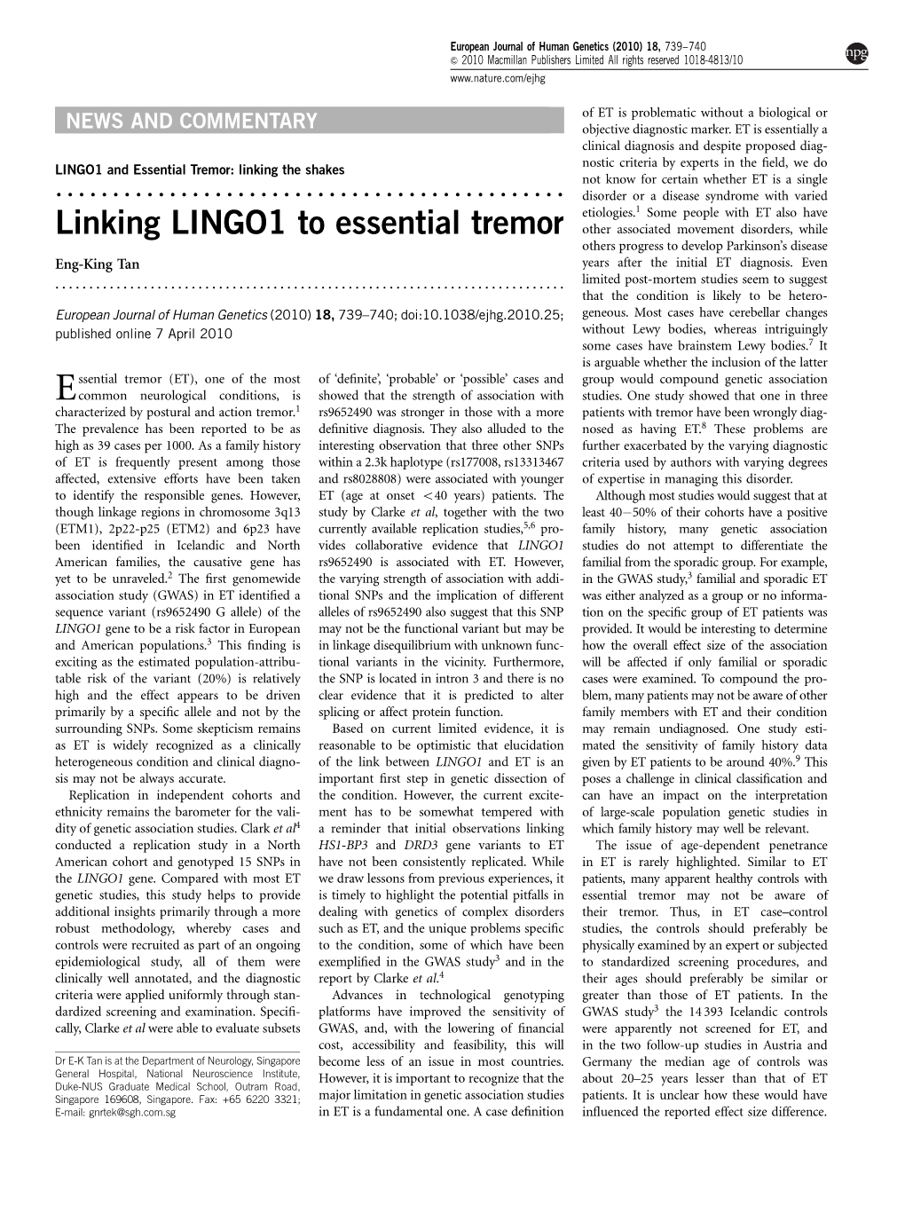 Linking LINGO1 to Essential Tremor