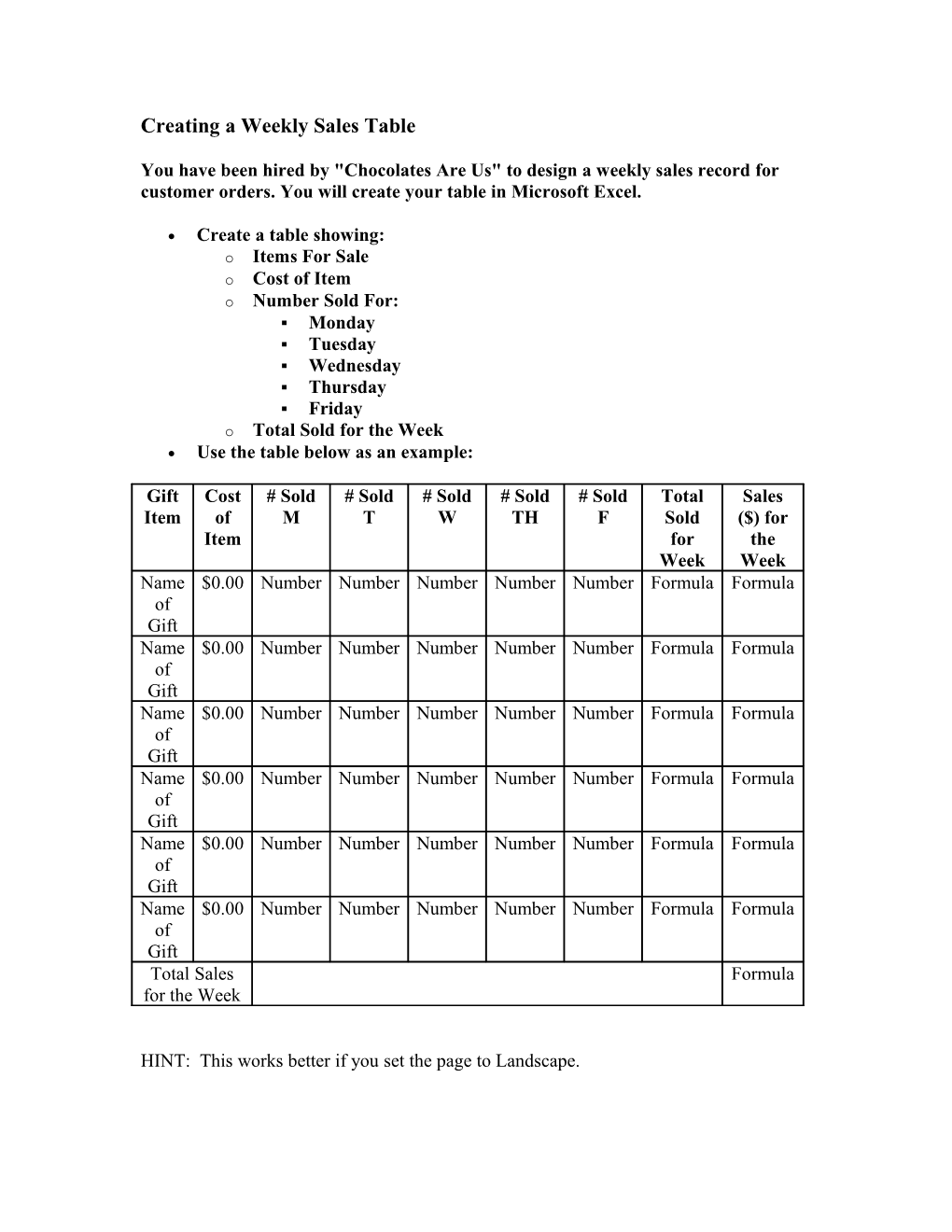 Creating a Weekly Sales Table