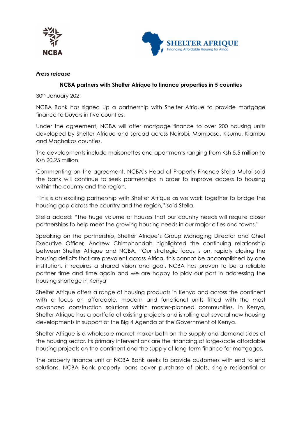 Press Release NCBA Shelter Afrique