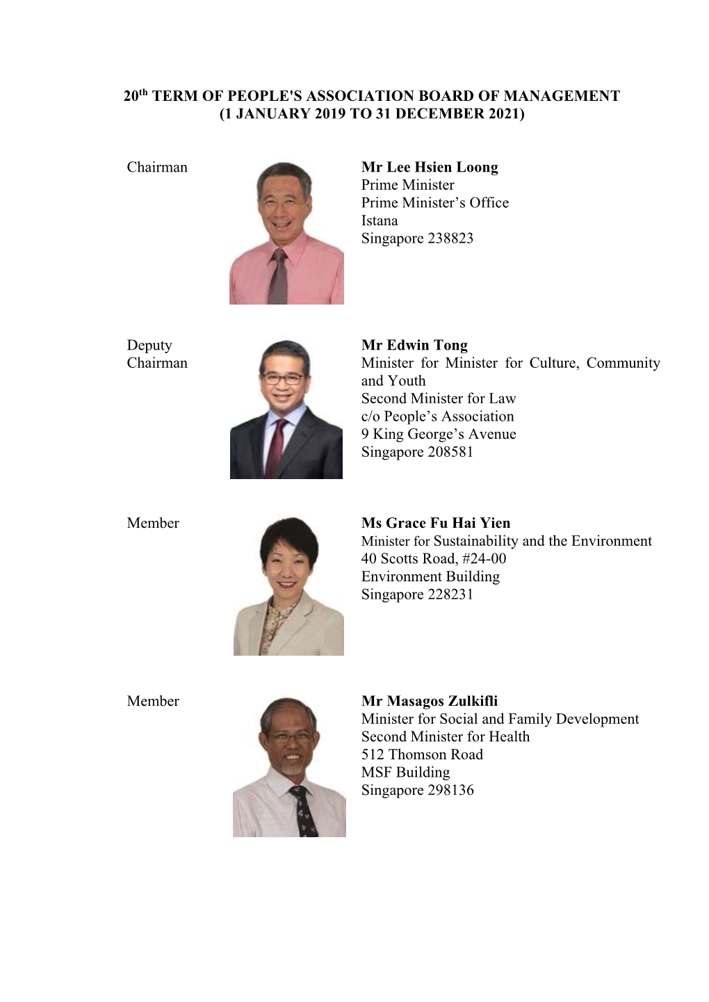 20Th TERM of PEOPLE's ASSOCIATION BOARD of MANAGEMENT (1 JANUARY 2019 to 31 DECEMBER 2021)