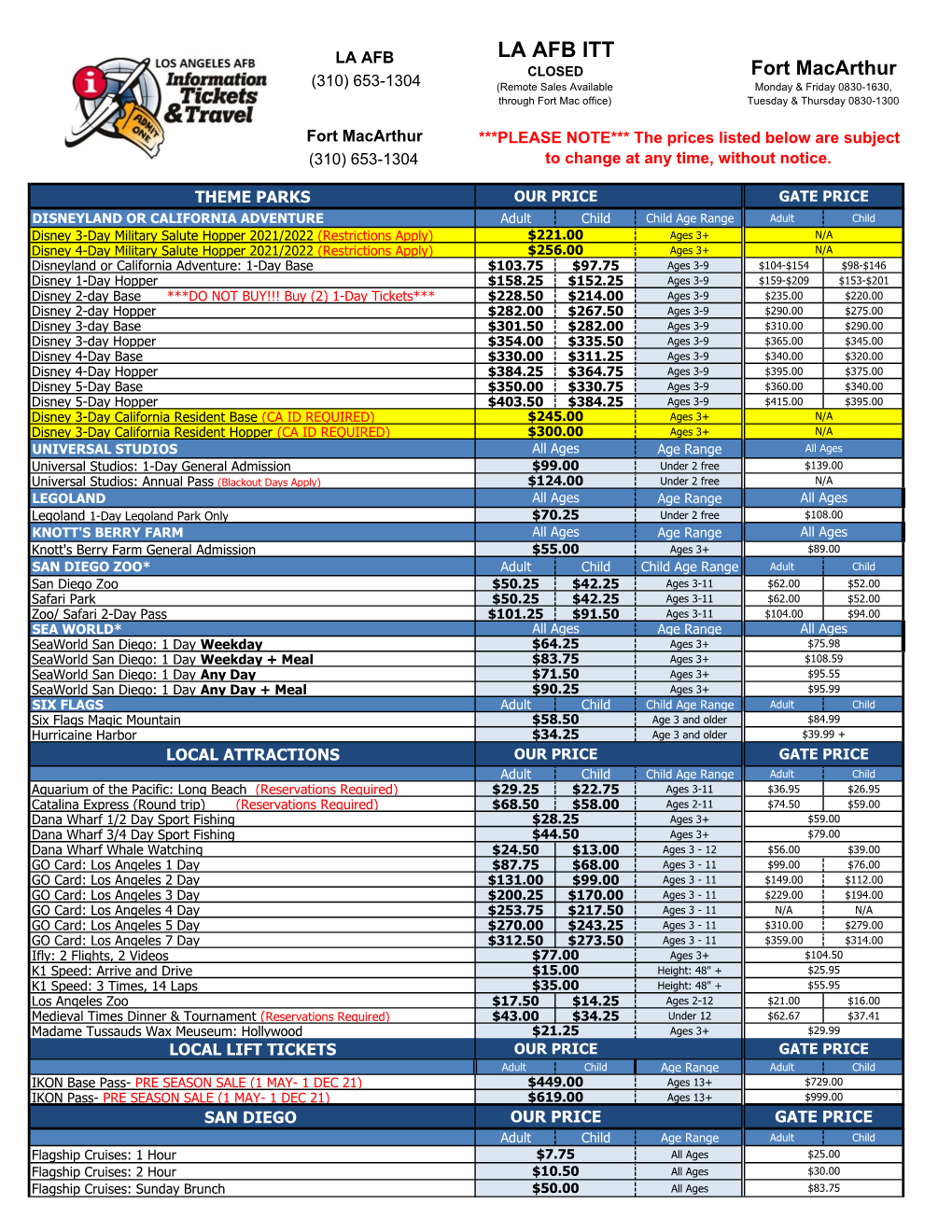 LA AFB LA AFB ITT CLOSED Fort Macarthur (310) 653-1304 (Remote Sales Available Monday & Friday 0830-1630, Through Fort Mac Office) Tuesday & Thursday 0830-1300