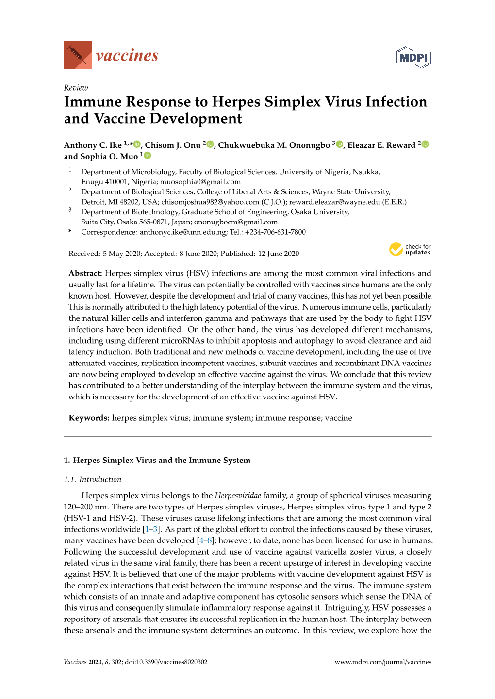 Immune Response to Herpes Simplex Virus Infection and Vaccine Development