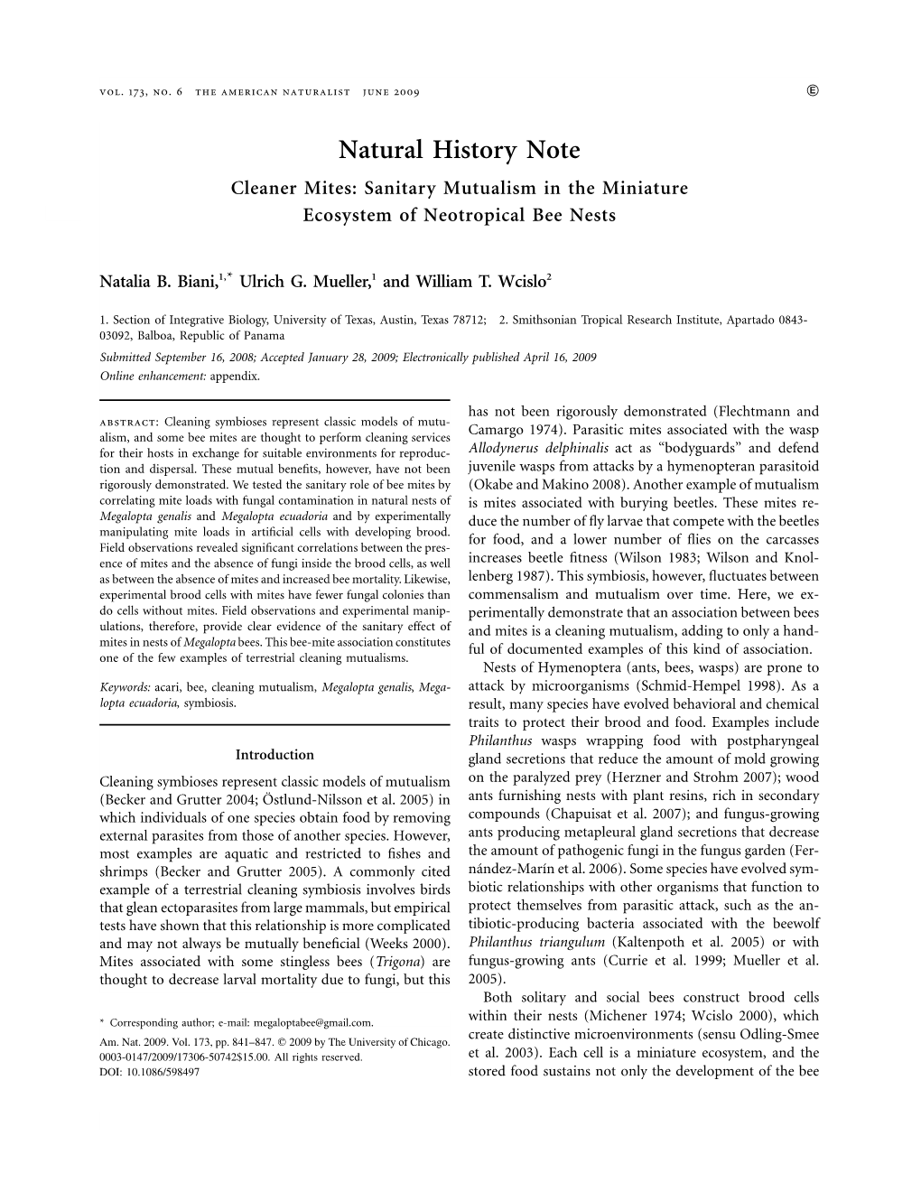 Natural History Note Cleaner Mites: Sanitary Mutualism in the Miniature Ecosystem of Neotropical Bee Nests