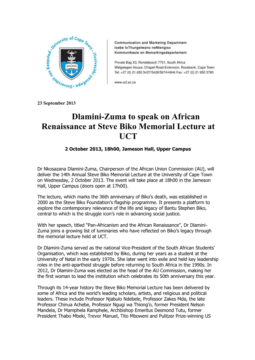 Dlamini-Zuma to Speak on African Renaissance at Steve Biko Memorial Lecture at UCT