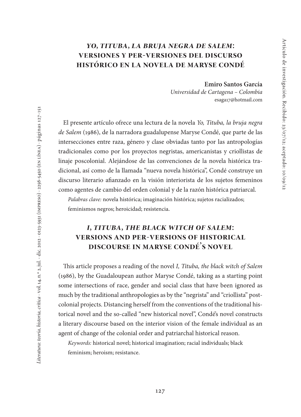 Yo, Tituba, La Bruja Negra De Salem: Versiones Y Per-Versiones Del Discurso Histórico En La Novela De Maryse Condé I, Tituba