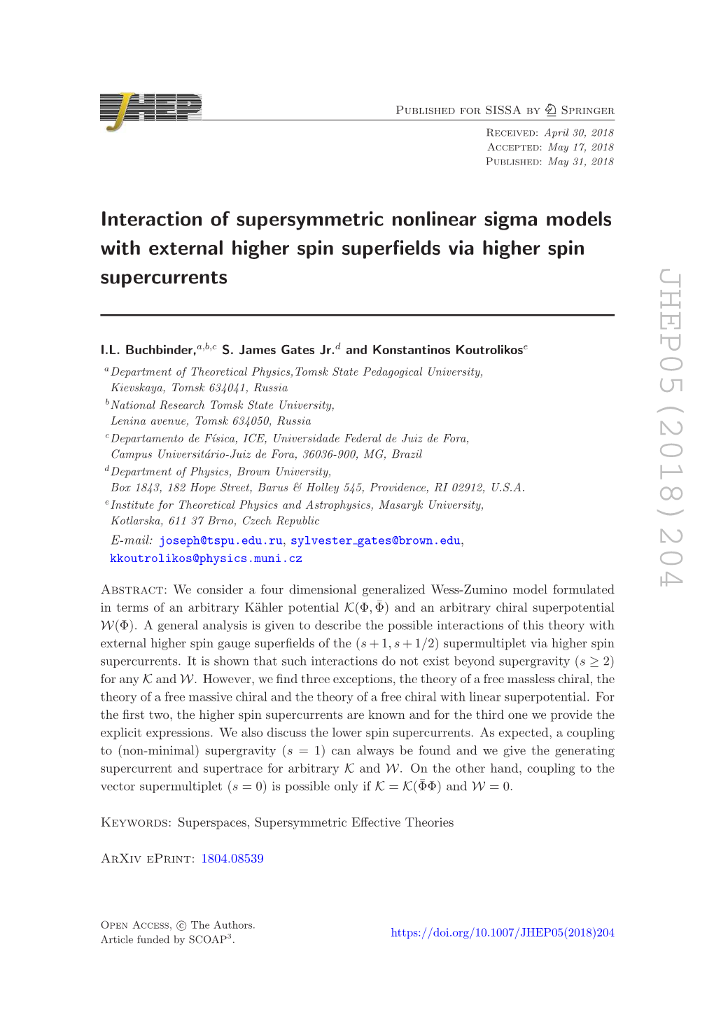 JHEP05(2018)204 2) ≥ S Springer May 17, 2018 May 31, 2018 April 30, 2018 : : Ess Chiral, the El Formulated : E = 0