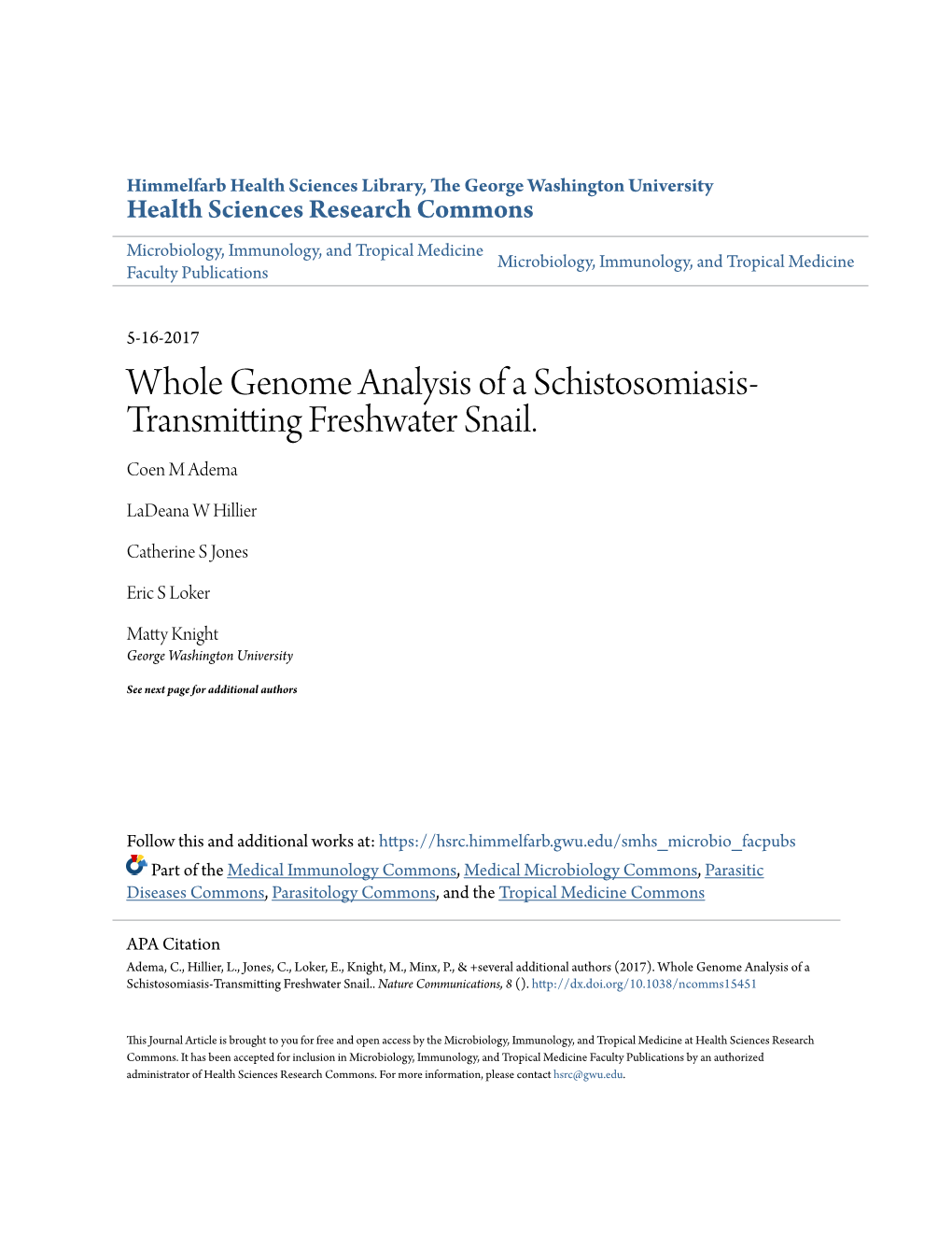Whole Genome Analysis of a Schistosomiasis-Transmitting Freshwater Snail