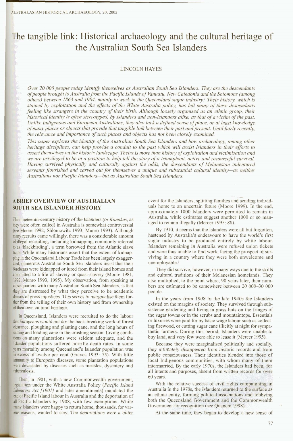 The Tangible Link: Historical Archaeology and the Cultural Heritage of the Australian South Sea Islanders