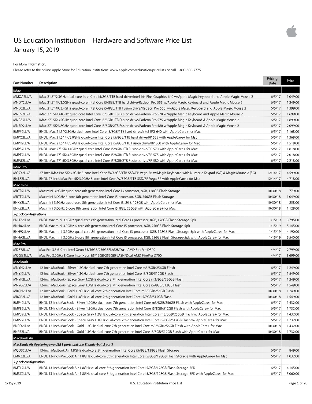 US Education Institution Price List