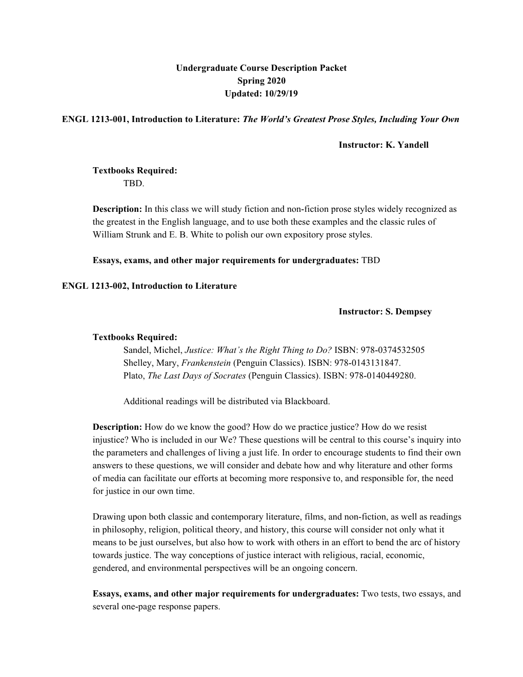 Undergraduate Course Description Packet Spring 2020 Updated: 10/29/19