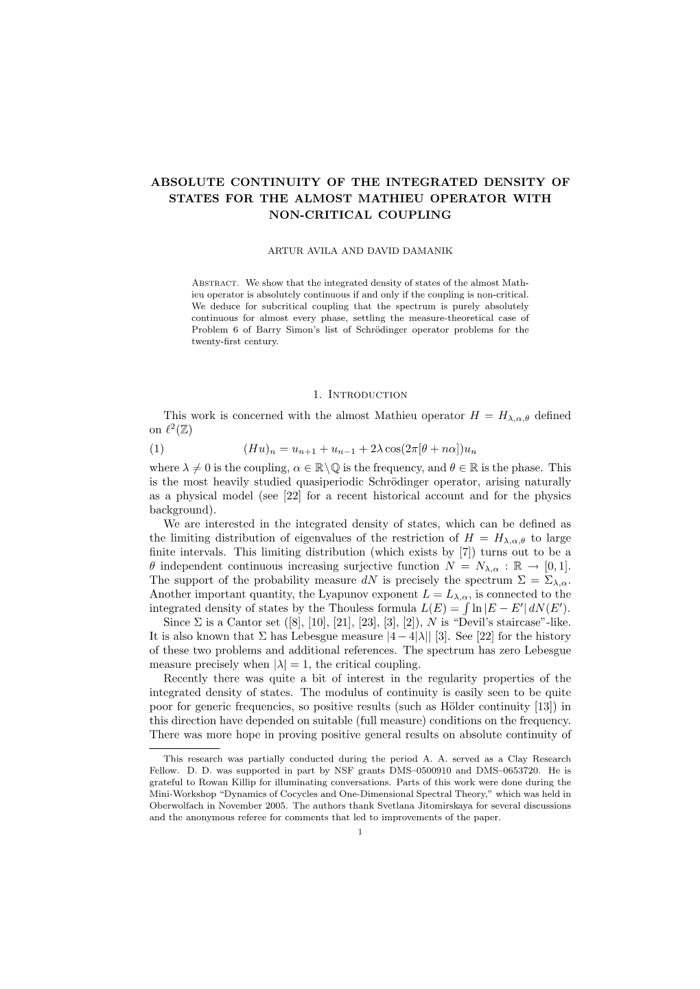 Absolute Continuity of the Integrated Density of States for the Almost Mathieu Operator with Non-Critical Coupling