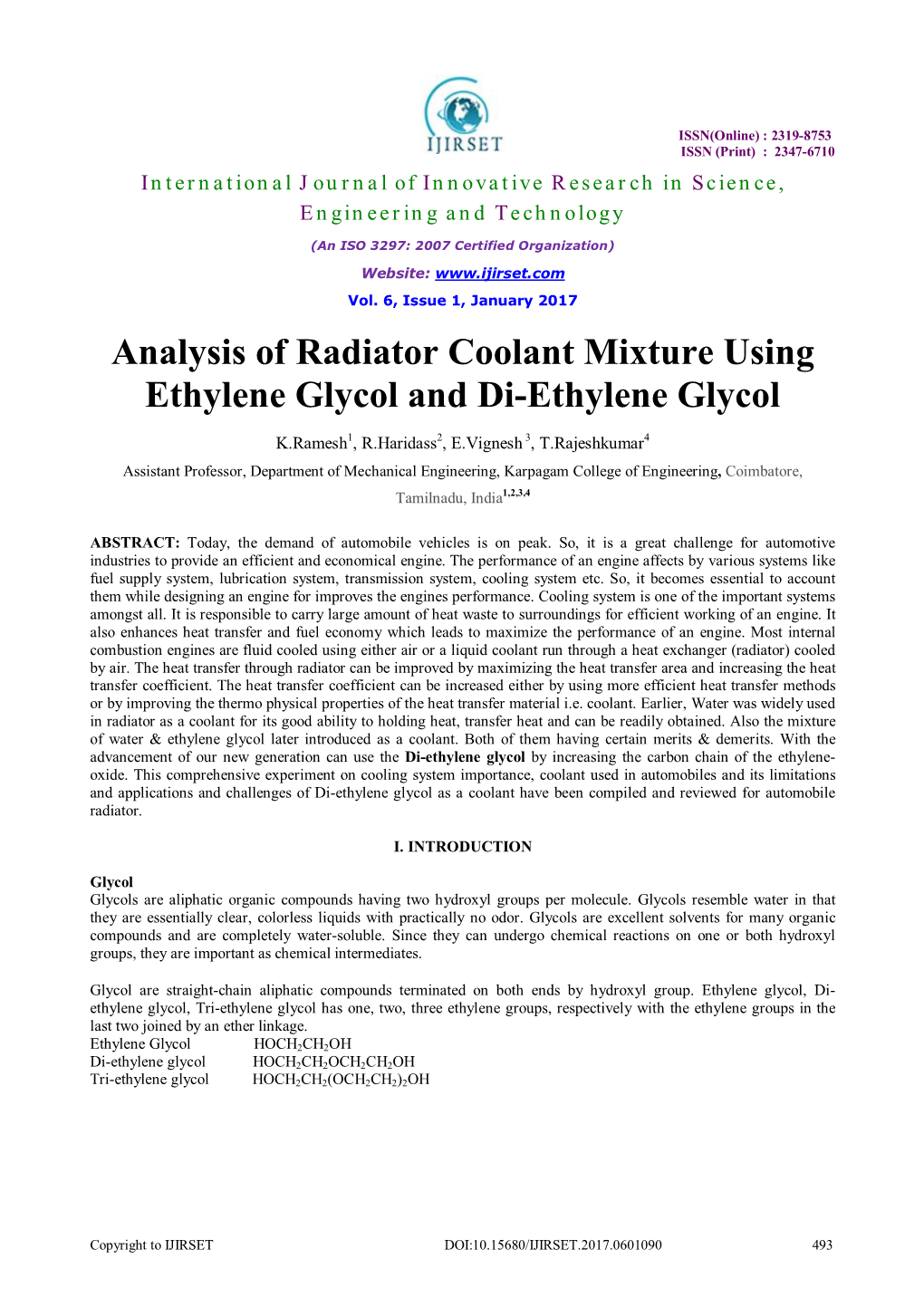 Analysis of Radiator Coolant Mixture Using Ethylene Glycol and Di-Ethylene Glycol