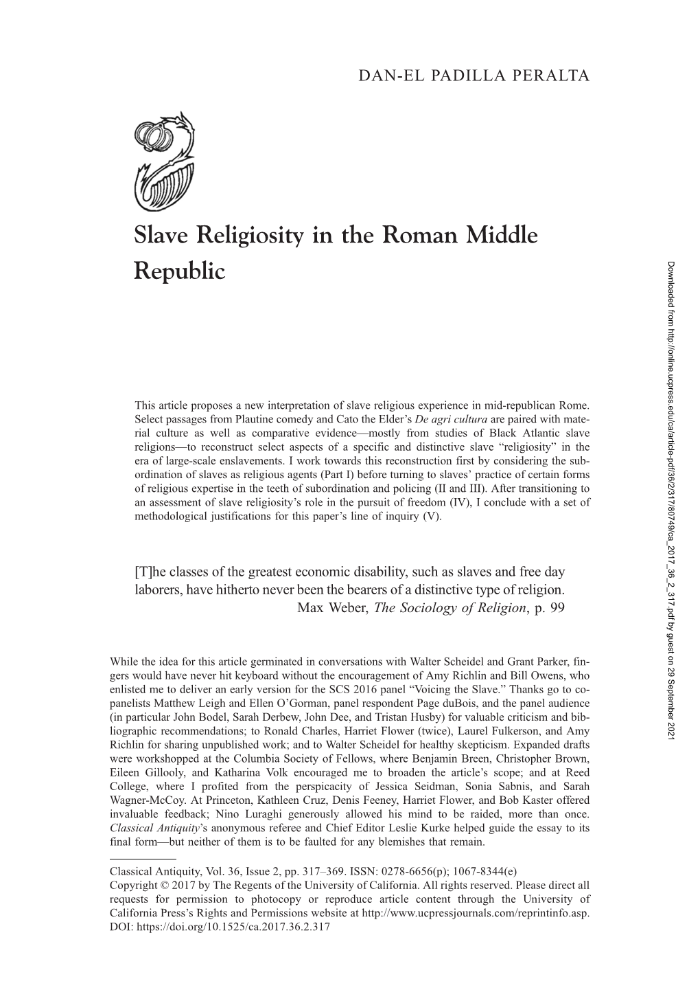 Slave Religiosity in the Roman Middle Republic