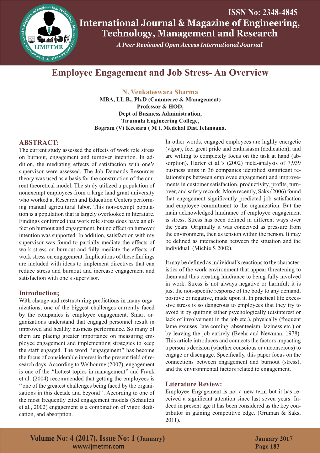 Employee Engagement and Job Stress- an Overview