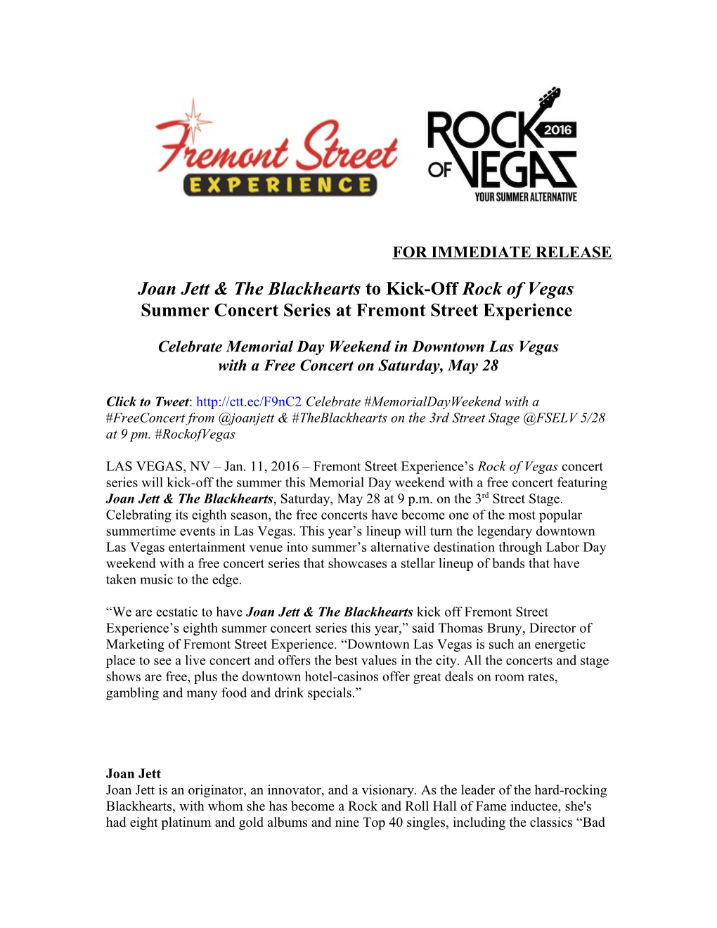 Joan Jett & the Blackhearts to Kick-Off Rock of Vegas