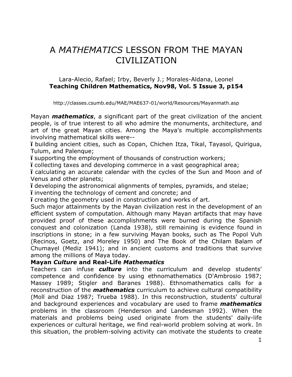 Title: a Mathematics Lesson from the Mayan Civilization